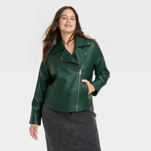 Ava & Viv Womens Faux Leather Motorcycle Jacket Green Asymmetrical Zip 1X - Picture 1 of 7